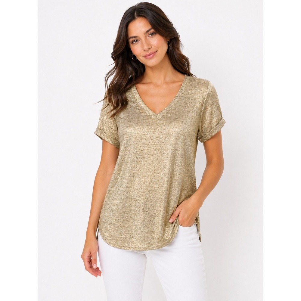Akemi + Kin Anthropologie Metallic Gold V-Neck Short Sleeve Top XS